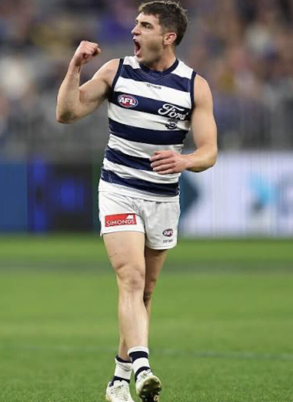 A Geelong player celebrates a goal — the Cats ended Carlton's season and head west for a semi-final in Perth