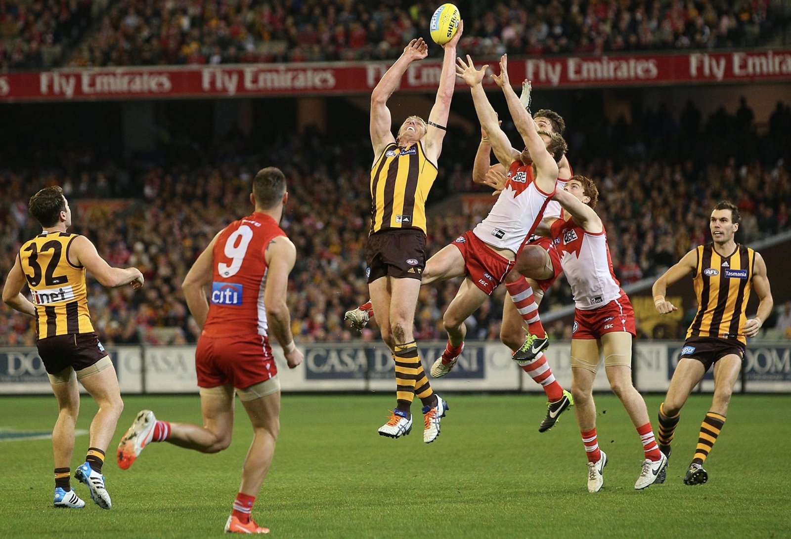 A Hawthorn player rises to mark in a pack — the Hawks controlled the air and the corridor in the qualifying final